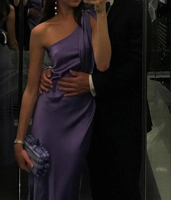 Aimishang Elegant Purple One Shoulder Satin Long Prom Dress Simple Formal Dress Chic Birthday Party Dress