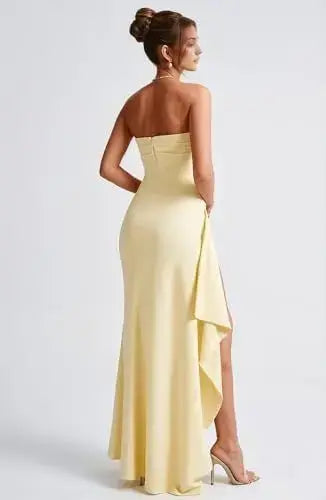 Aimishang Elegant Ruffle Strapless Sleeveless Long Prom Dress Formal Evening Gown with Slit for Women Teens