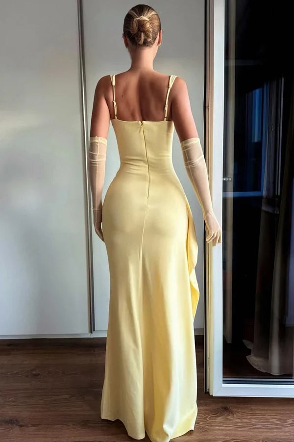 Elegant Sheath Square Neck Sleeveless High Slit Draped Floor-Length Women's Party Gown