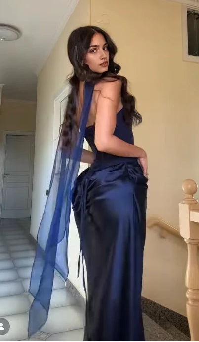 Elegant Sheath Strapless Sleeveless Drape Detail Satin Floor-Length Gown Women's Formal Party
