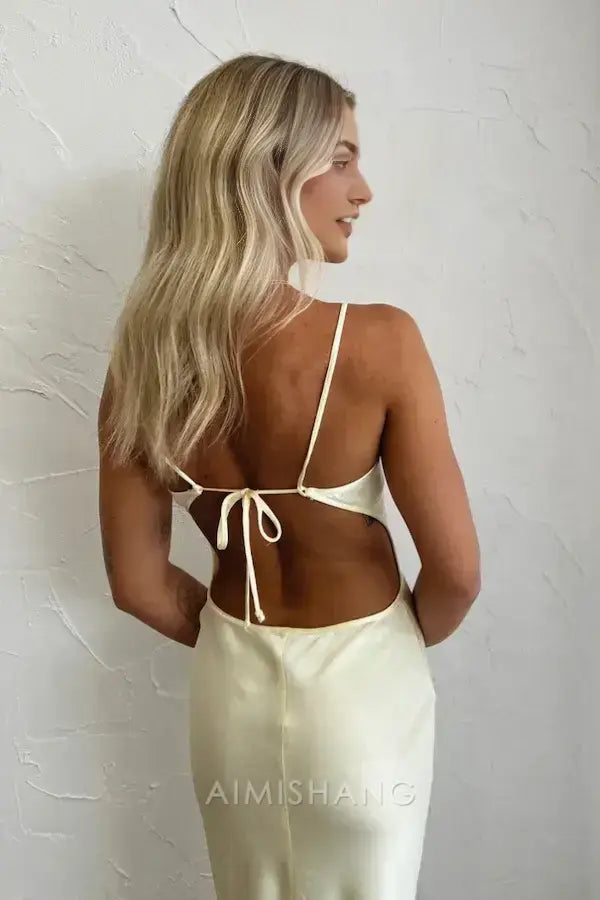 Aimishang Elegant Spaghetti Straps Sleeveless Satin Long Prom Dress Simple Evening Party Dress