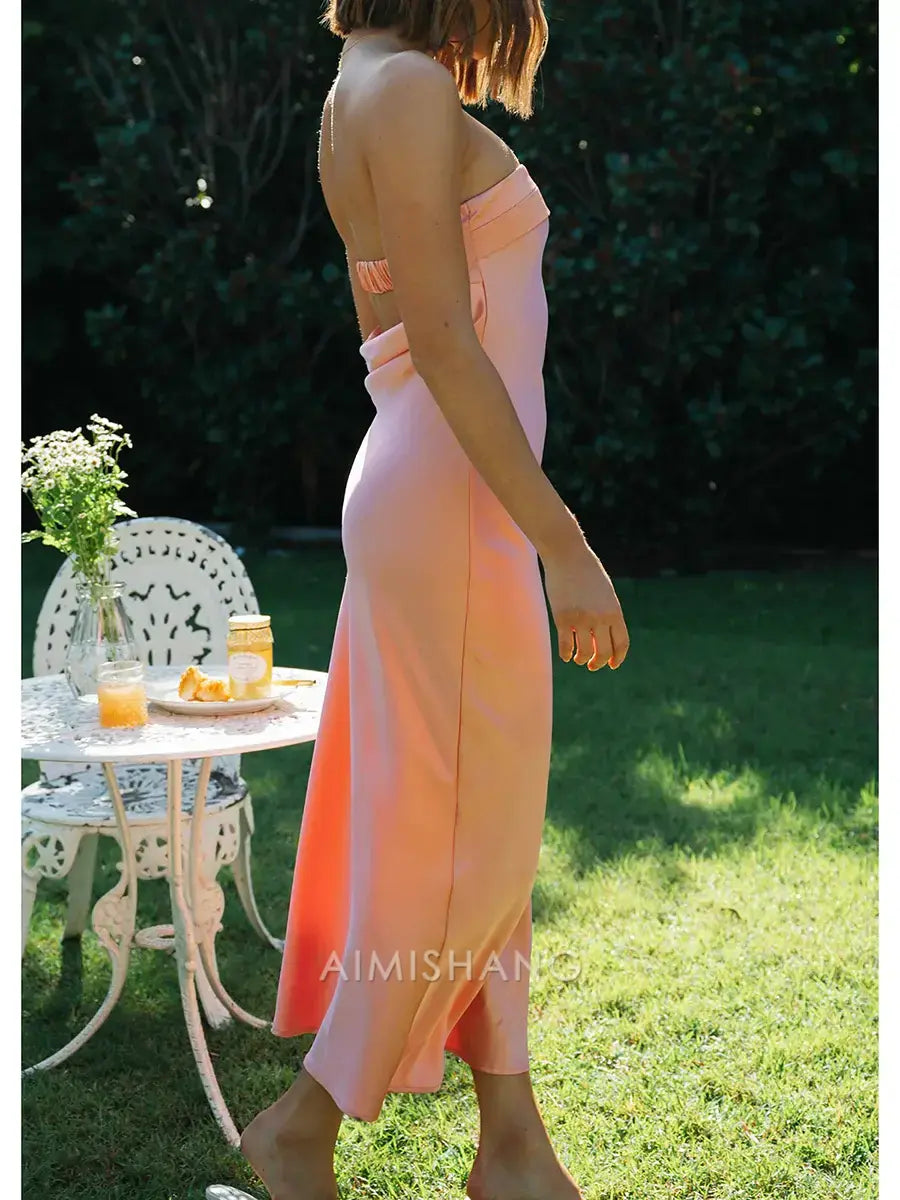 Aimishang Elegant Strapless Sleeveless Prom Dress Simple Party Evening Gown Satin Wedding Guest Dress