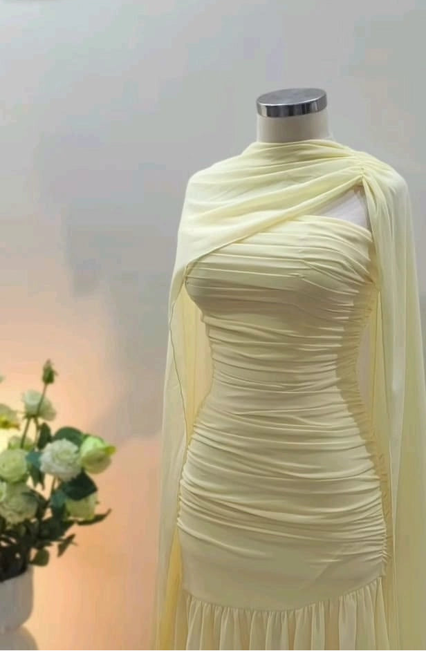 Aimishang Elegant Yellow A-Line Strapless Ruched Chiffon Floor-Length Gown for Women's Party Event