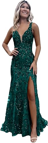 Women's Sparkly Sequin Mermaid Prom Dresses for Teens V Neck Long Formal Evening Party Dresses with Slit Wholesale