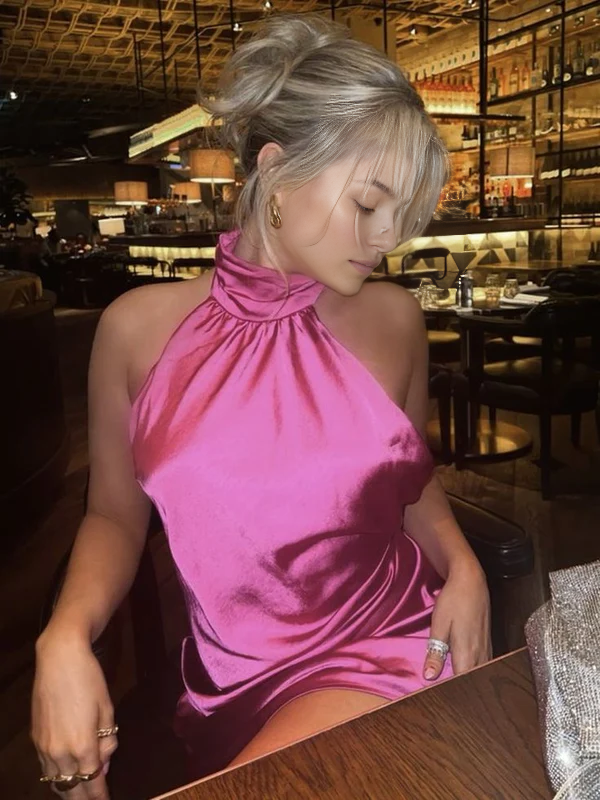 Aimishang Fashion Halter Sleeveless Satin Homecoming Dress Short Birthday Party Dress Simple Mini Dress