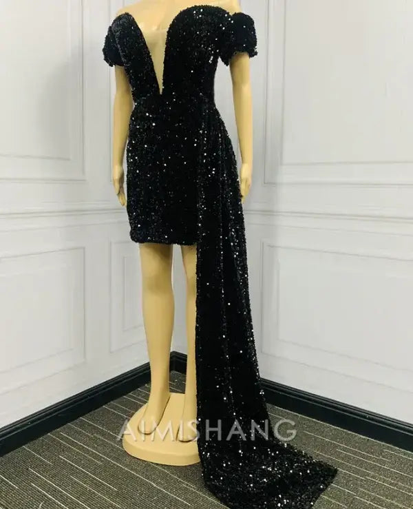 Aimishang Fashion Sheath Off The Shoulder Sequins Homecoming Dress Black Girl Sexy Birthday Party Dress Sparkly Prom Dress