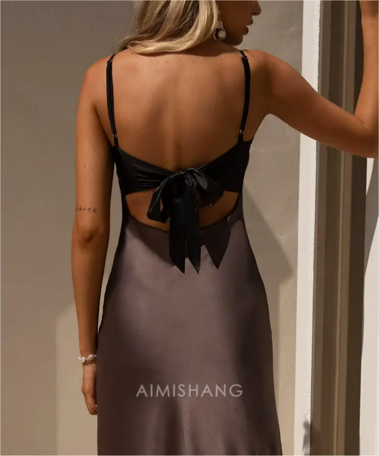 Aimishang Fashion Spaghetti Straps V-neck Sleeveless Long Prom Dress Simple Maxi Dress Elegant Evening Party Dress