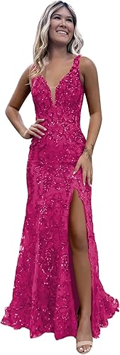 Women's Sparkly Sequin Mermaid Prom Dresses for Teens V Neck Long Formal Evening Party Dresses with Slit Wholesale