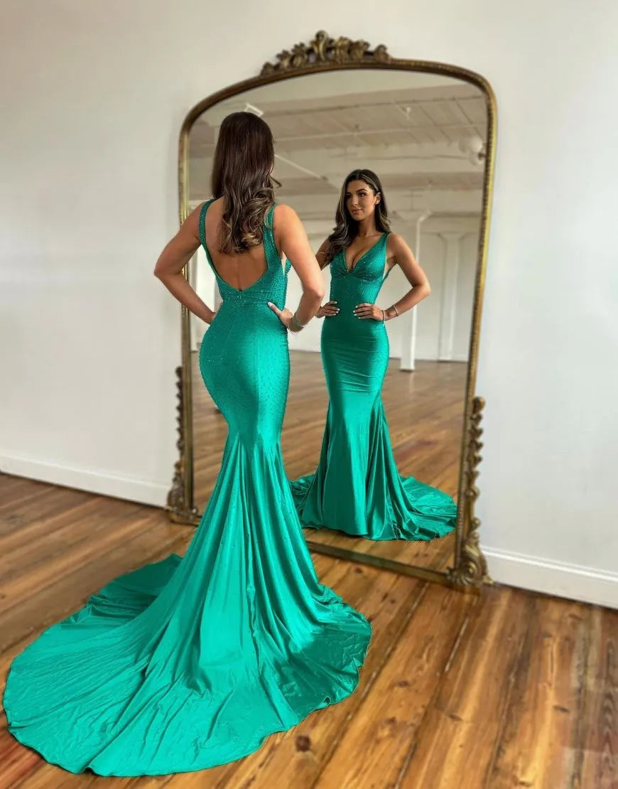 Aimishang Prom Party Dress Gorgeous Mermaid Deep V-Neck Court Train