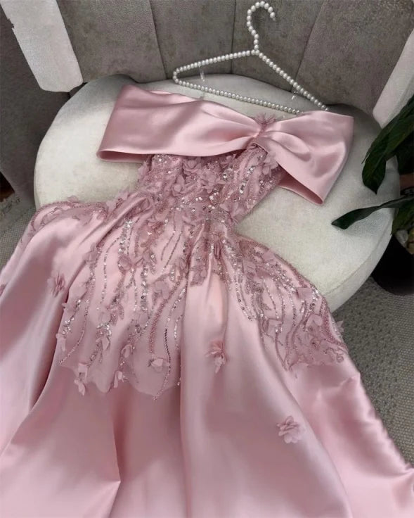 Aimishang Gorgeous A-Line Off-Shoulder Embellished Satin Long Prom Dress Women's Formal Party Gown