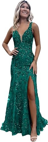 Women's Sparkly Sequin Mermaid Prom Dresses for Teens V Neck Long Formal Evening Party Dresses with Slit Wholesale