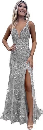 Women's Sparkly Sequin Mermaid Prom Dresses for Teens V Neck Long Formal Evening Party Dresses with Slit Wholesale