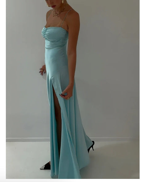 Aimishang Elegant Evening Dresses Spaghetti Straps Long Prom Dress Satin Simple Formal Party Dress With Slit