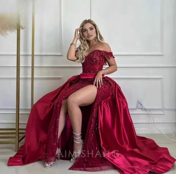 Aimishang Gorgeous Off Shoulder Long Formal Prom Dress With Slit Charming Evening Party Dress
