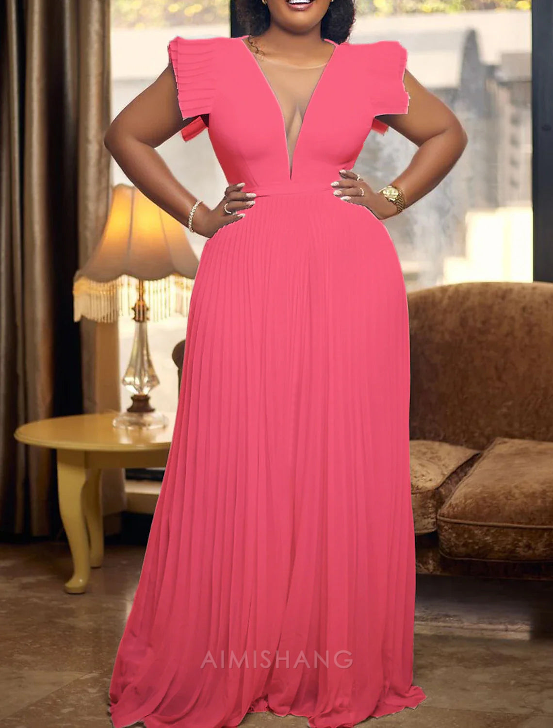 Aimishang A-Line Wedding Guest Dresses Elegant Dress Party Wear Wedding Party Floor Length Sleeveless V Neck Evening Dress with Pleats