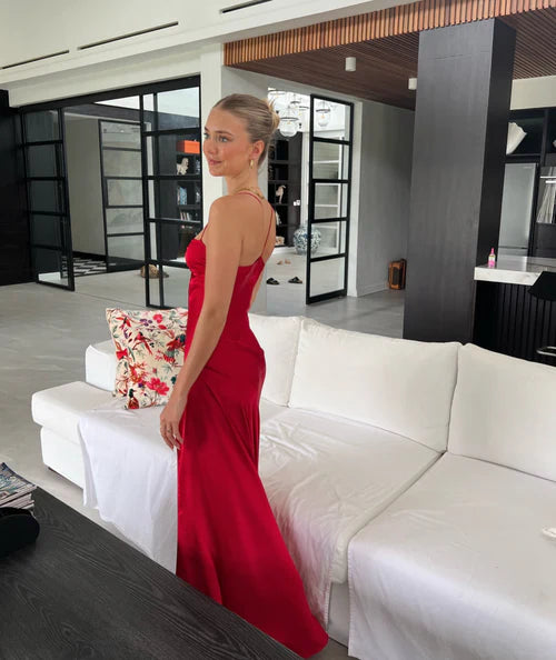 Aimishang Elegant Evening Dresses Spaghetti Straps Long Prom Dress Satin Simple Formal Party Dress With Slit