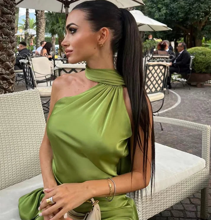 Aimishang Casual Dresses Women Backless Satin Ribbon Sleeveless Elegant Lady Party Gown Long Evening Prom Dresses