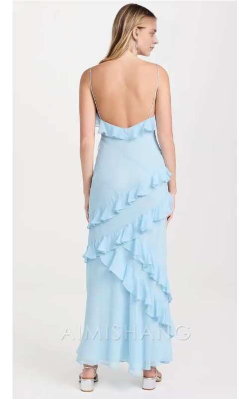 Aimishang Elegant Sheath Spaghetti Strap Ruffle Blue Long Prom Dress Charming Evening Party Dress