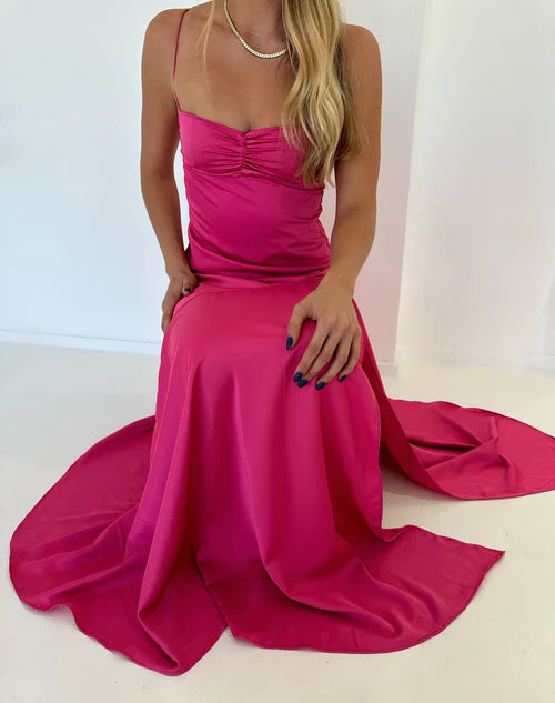 Aimishang Elegant Evening Dresses Spaghetti Straps Long Prom Dress Satin Simple Formal Party Dress With Slit
