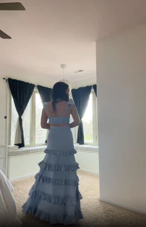 Sage A-Line Ruffles Tiered A-Line Satin Long Prom Dress Sexy Party Dress Formal Dress Wholesale