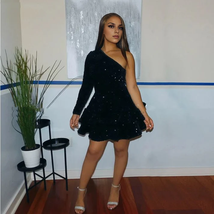 Aimishang A Line One Shoulder Homecoming Dress Sparkly Graduation Dress Short Prom Dress Birthday Party Dress