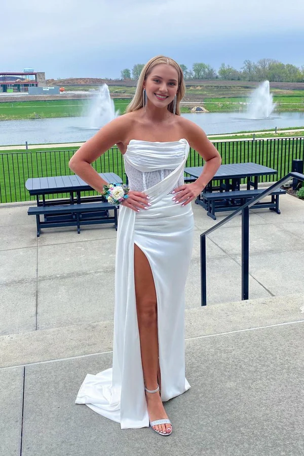 Aimishang Strapless Satin Sheath Long Prom Dress Elegant Formal Dress Evening Gown Charming Party Dress With Slit