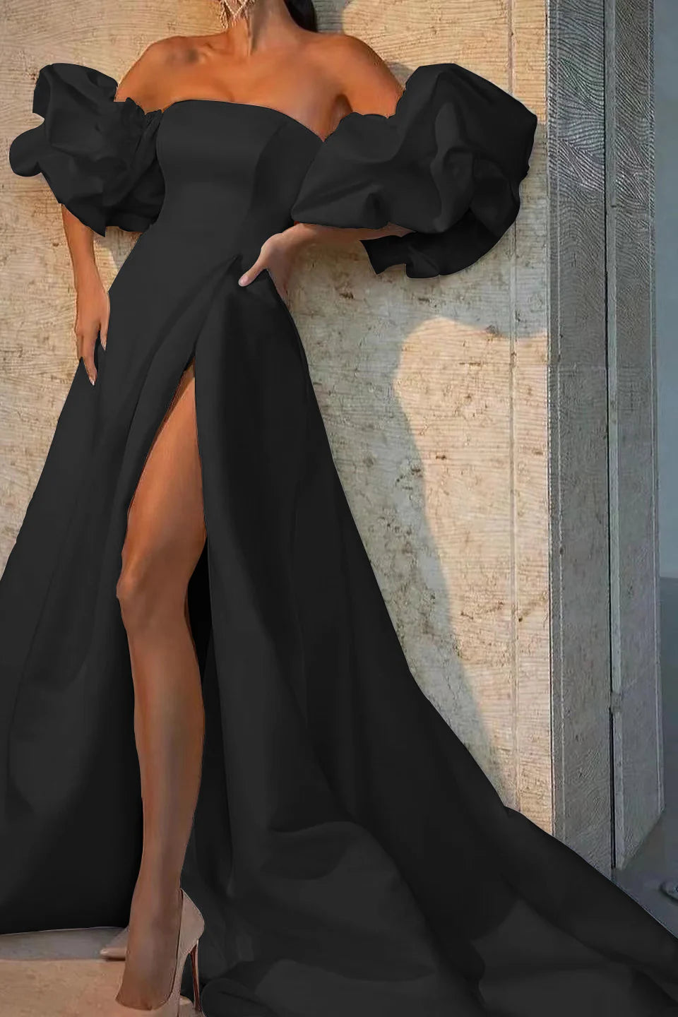 Off The Shoulder Bubble Sleeves Long Evening Dress With Slit Sexy Party Dress Wholesale