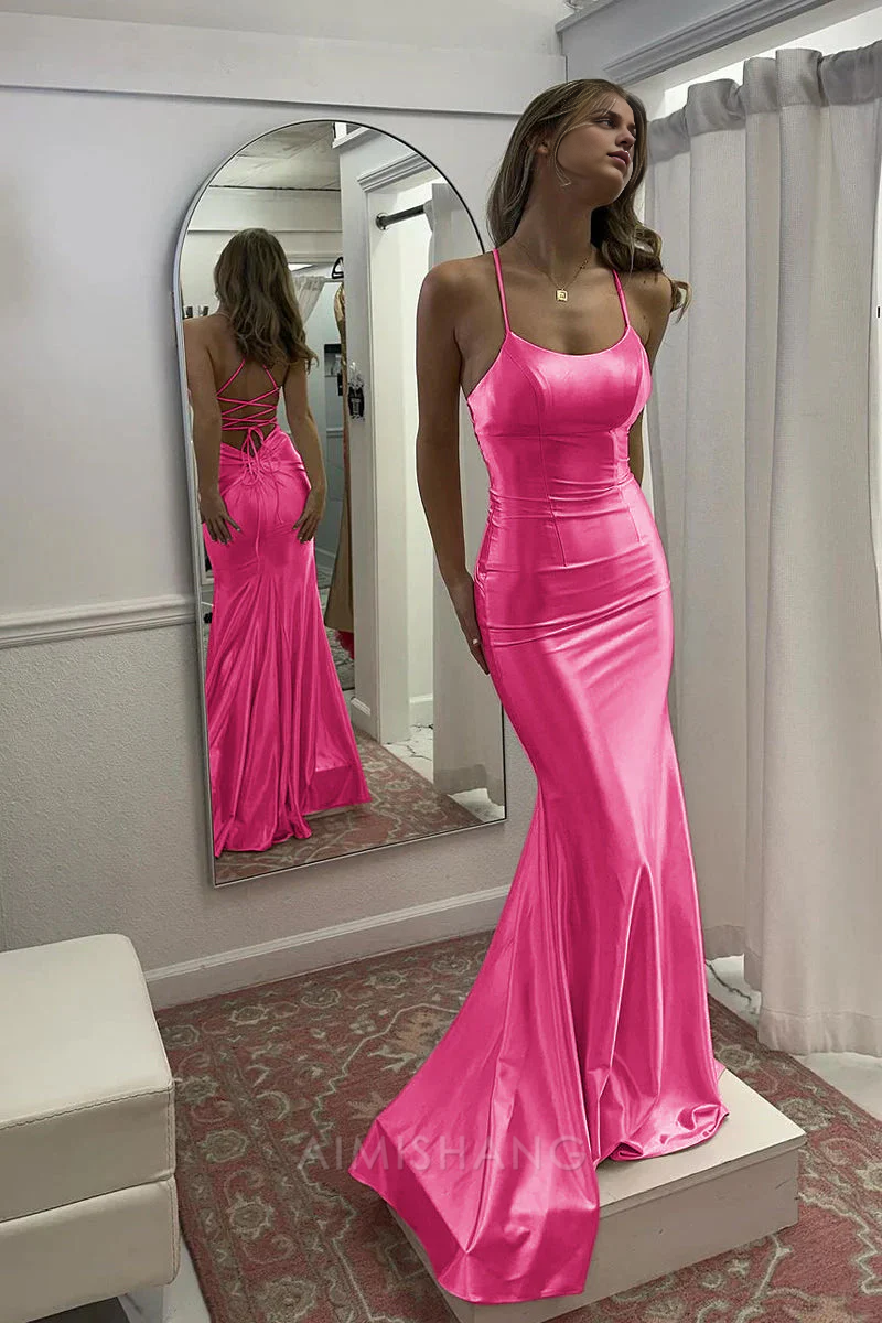 Aimishang Cute Mermaid Scoop Neck Pink Satin Long Prom Dress Charming Evening Party Dress Formal Dress