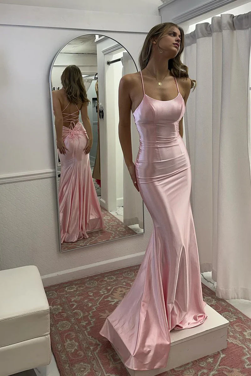 Aimishang Cute Mermaid Scoop Neck Pink Satin Long Prom Dress Charming Evening Party Dress Formal Dress