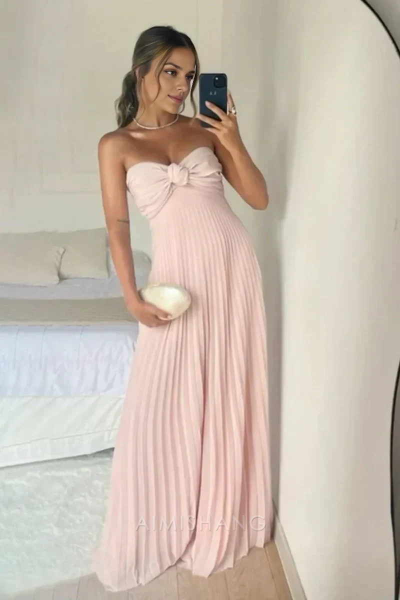 Aimishang Sweetheart Pink Strapless A-Line Pleated Elegant Long Prom Dress Wedding Guest Dress Evening Party Dress Formal Dress