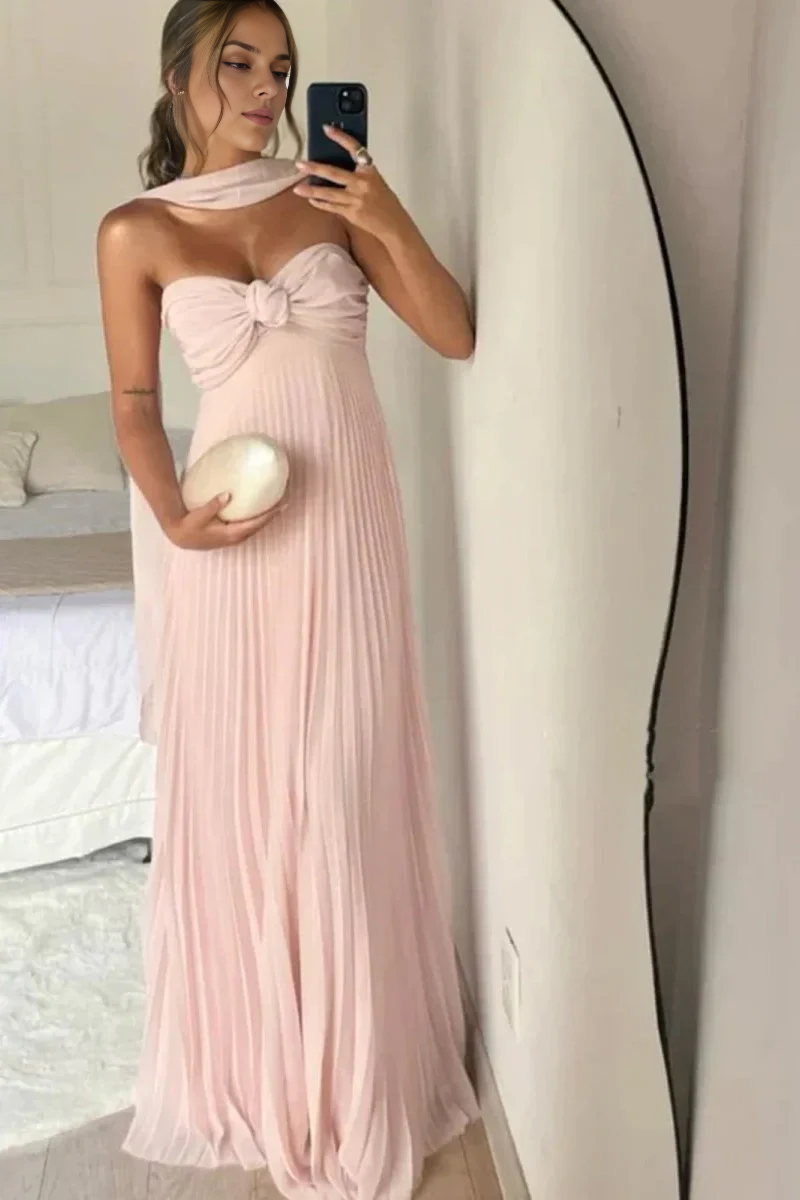 Aimishang Sweetheart Pink Strapless A-Line Pleated Elegant Long Prom Dress Wedding Guest Dress Evening Party Dress Formal Dress
