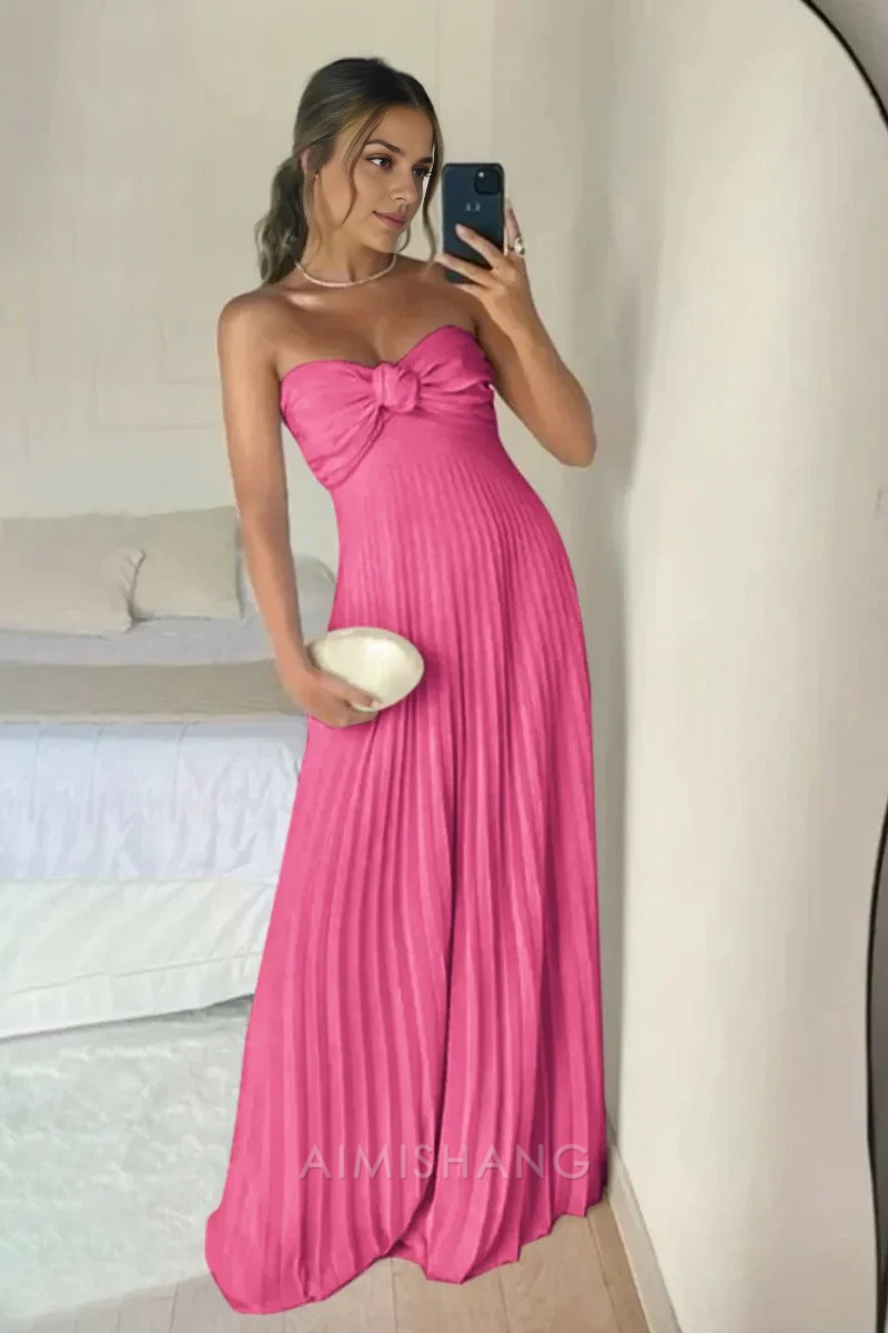 Aimishang Sweetheart Pink Strapless A-Line Pleated Elegant Long Prom Dress Wedding Guest Dress Evening Party Dress Formal Dress