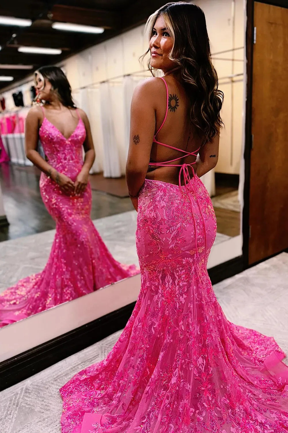 Aimishang Prom Dress Sparkly Mermaid Spaghetti Straps Sequins Long Backless