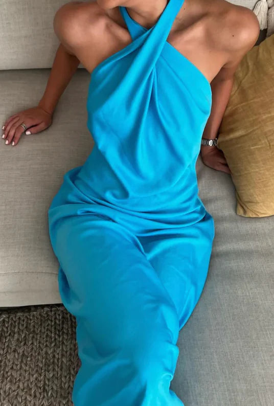 Wholesale Blue Cross Neck Halter Backless Satin Party Dress Elegant Evening Dress Formal Dress