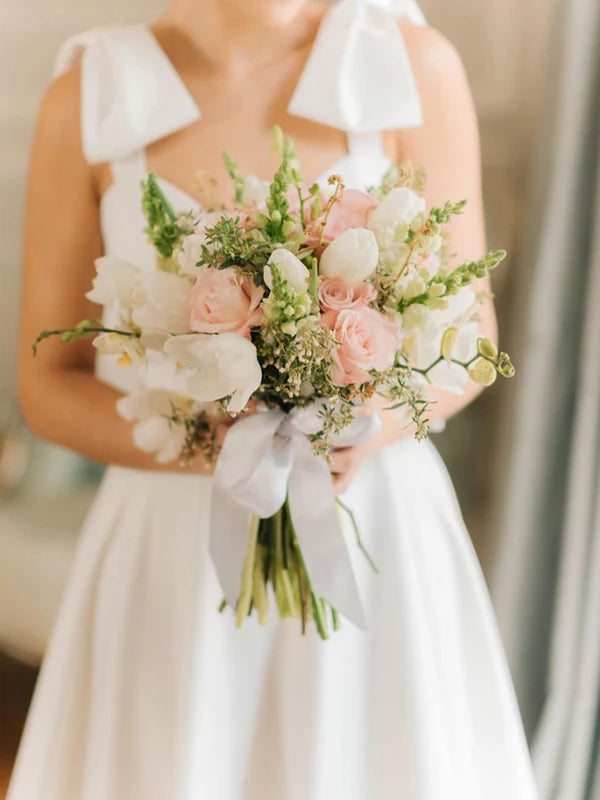 A Line Satin Wedding Gown Sweetheart Neck Wedding Dress With Bowtie Straps Solid Color