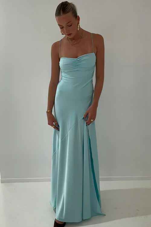 Aimishang Elegant Evening Dresses Spaghetti Straps Long Prom Dress Satin Simple Formal Party Dress With Slit