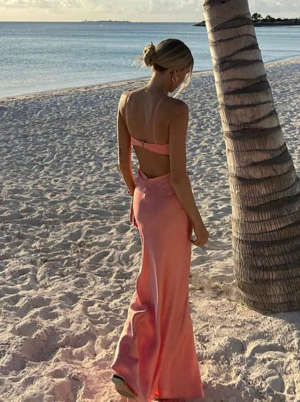 Aimishang Charming Sheath Coral Satin Sleeveless Long Prom Dress Simple Evening Party Dress Sexy Fashion Formal Dress