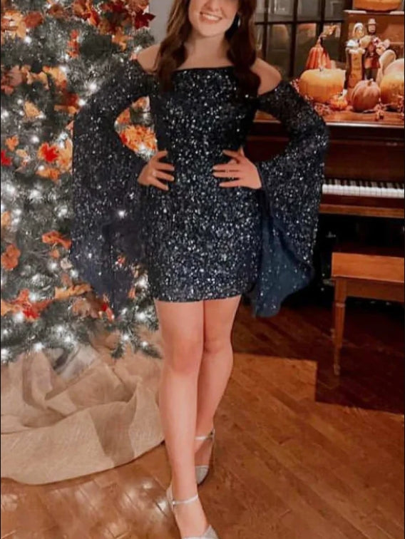 Aimishang Sequins Cut Waist Shiny Homecoming Dress Off Shoulder Party Dress Graduation Dress