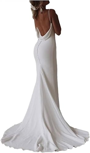 Aimishang Elegant V-Neck Mermaid Wedding Dresses for Bride Spaghetti Straps Simple Satin Beach Bridal Gown with Train