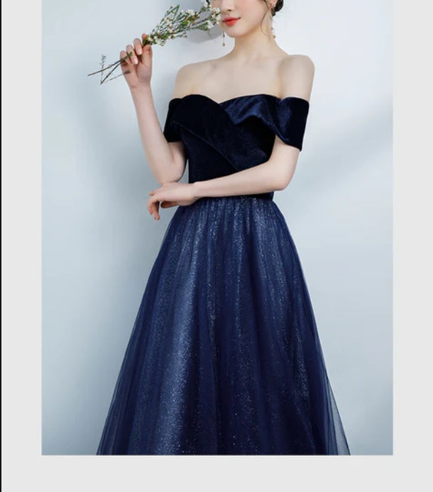 Aimishang A Line Off Shoulder Velvet Sweetheart Party Dress Shiny Tulle Long Prom Dress Party Dress Sparkly Evening Dress Wholesale