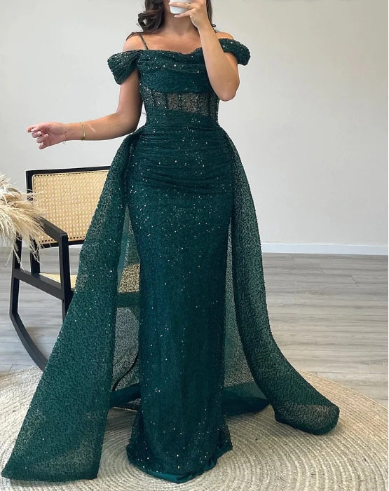 Aimishang Sheath / Column Prom Dresses Elegant Dress Formal Prom Floor Length Short Sleeve Off Shoulder Sequined with Glitter Ruched