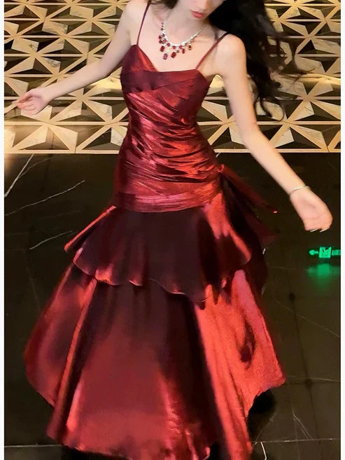 Aimishang Charming Wine Red Spaghetti Straps Long Prom Dress Elegant Party Dress Birthday Outfits Evening Dress Wholesale