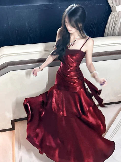 Aimishang Charming Wine Red Spaghetti Straps Long Prom Dress Elegant Party Dress Birthday Outfits Evening Dress Wholesale