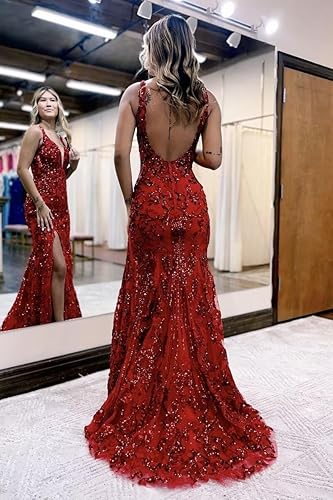 Women's Sparkly Sequin Mermaid Prom Dresses for Teens V Neck Long Formal Evening Party Dresses with Slit Wholesale