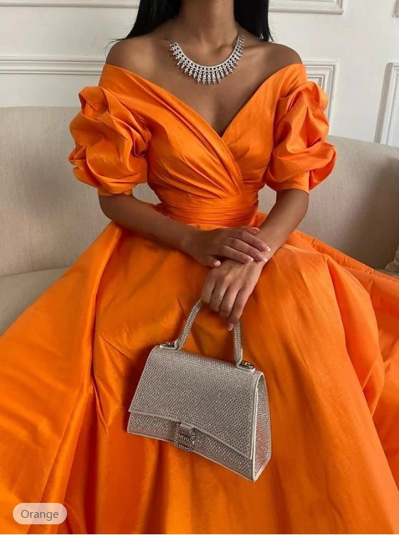 Elegant Navy Blue Off Shoulder A-Line Long Prom Dress Short Sleeves Charming Evening Dress Wholesale