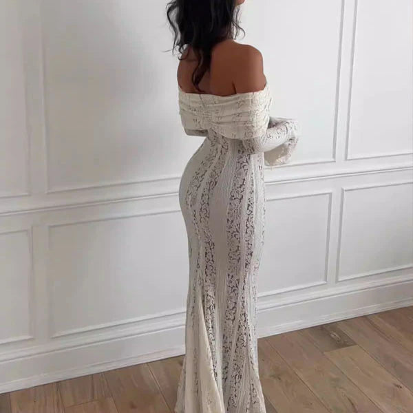 Aimishang Elegant Mermaid Off Shoulder Lace Maxi Dress with Sleeves Long Prom Dress Charming Evening Party Dress Wedding Dress