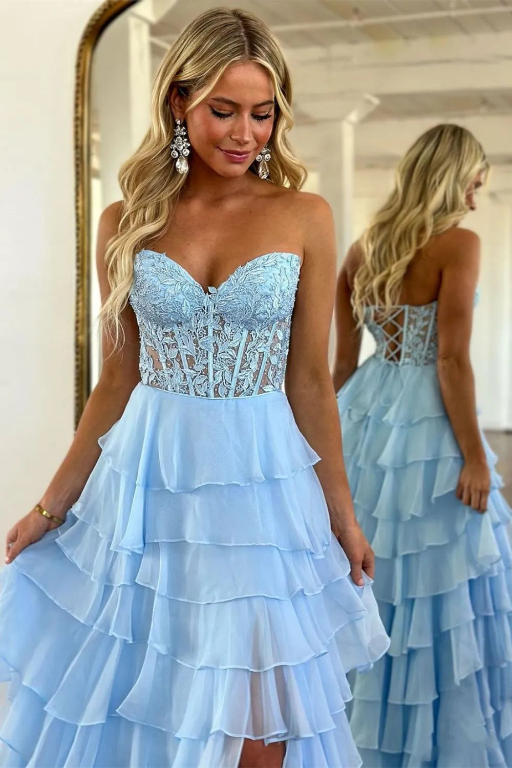 Aimishang Lace Up Long Tiered Chiffon Prom Dress With Slit