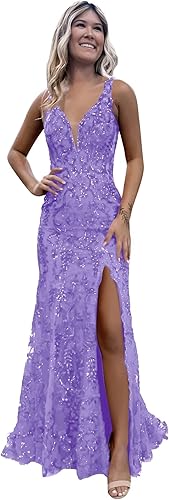 Women's Sparkly Sequin Mermaid Prom Dresses for Teens V Neck Long Formal Evening Party Dresses with Slit Wholesale