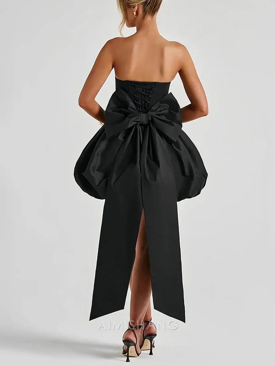 Aimishang Black Lovely A Line Strapless Homecoming Dress Cute Birthday Party Dress Short Prom Dress with Bow