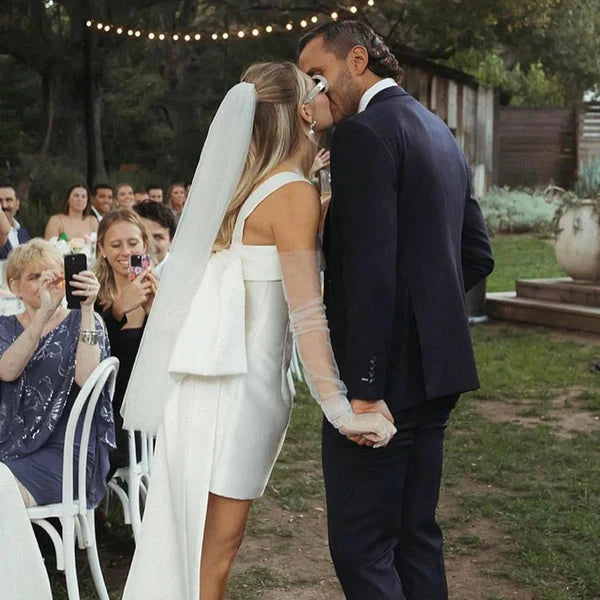 Aimishang Lovely Square Neck Satin Short Wedding Dress with Bow Back Sweet Simple Birthday Party Dress No With Gloves